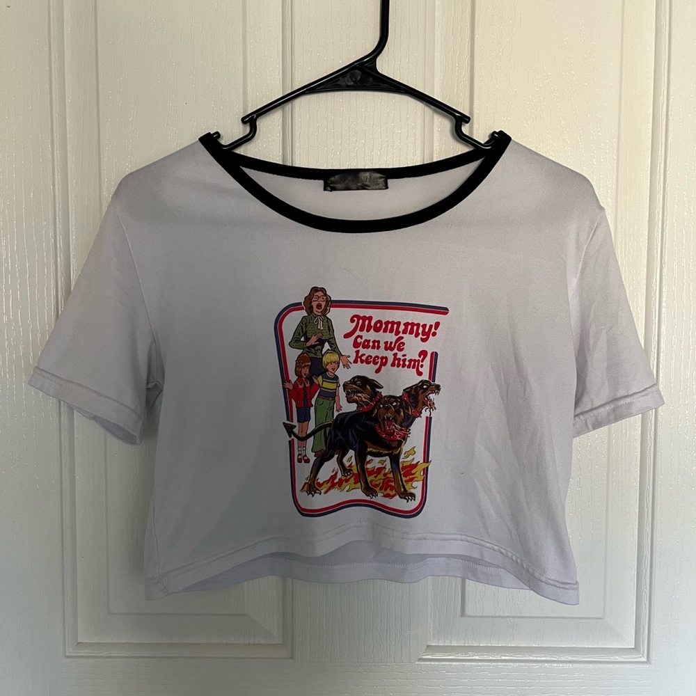White Graphic Crop Top with Black Trim